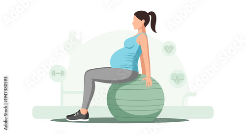 This Flat Design illustration shows a pregnant woman engaging in safe, low-impact exercise in a gym, promoting prenatal fitness, well-being, and healthy active lifestyles during pregnancy.