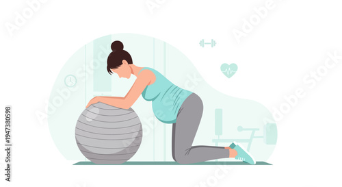 This Flat Design illustration shows a pregnant woman engaging in safe, low-impact exercise in a gym, promoting prenatal fitness, well-being, and healthy active lifestyles during pregnancy.