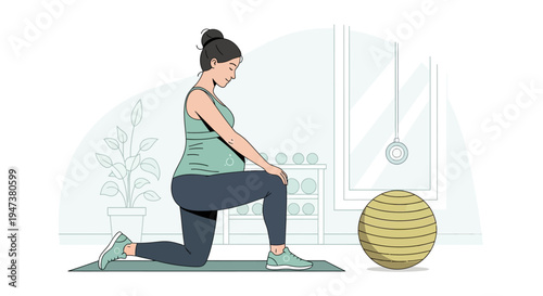 This Flat Design illustration shows a pregnant woman engaging in safe, low-impact exercise in a gym, promoting prenatal fitness, well-being, and healthy active lifestyles during pregnancy.