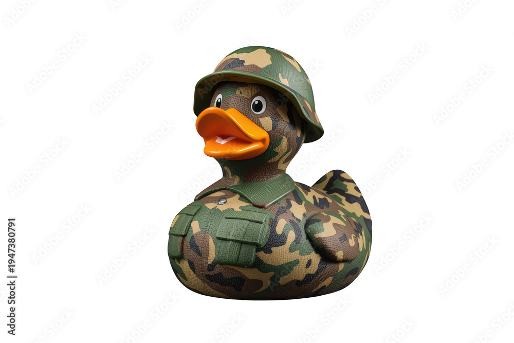 Fototapeta premium Rubber duck toy dressed in camouflage military uniform and helmet, symbolizing defense, conflict, or preparedness