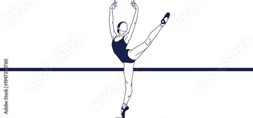 Minimalist vector illustration of a graceful ballerina performing a classical dance pose on pointe shoes for artistic performance, ballet studio, and elegance design.