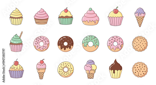 Colorful dessert icons on white background