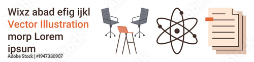 Education, science, business concepts, office setup, legal processes, knowledge sharing. Stylized atom, chairs around a table stacked papers varied . Education and business concepts highlighted