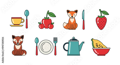 Colorful food animals and tableware icons