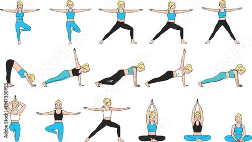 Flat vector illustration set of a blonde woman practicing various yoga poses including tree pose, downward dog, plank, and meditation for wellness design.