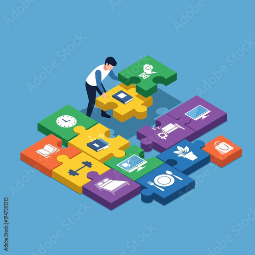 A person assembling puzzle pieces representing various aspects of life and activities.