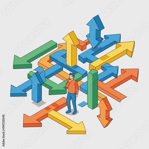A person contemplating choices amidst a chaotic array of directional arrows, symbolizing decisions.