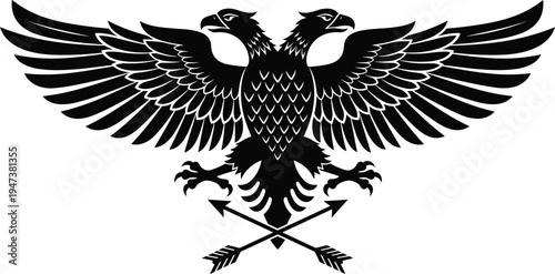 Black vector silhouette of a double headed eagle heraldic symbol with spread wings and crossed arrows isolated on white background for imperial logo design