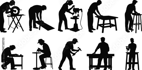 Carpenter worker silhouettes collection, woodworking craftsman using saw drill hammer tools, carpentry workshop activities, construction labor set, handyman vector illustration isolated