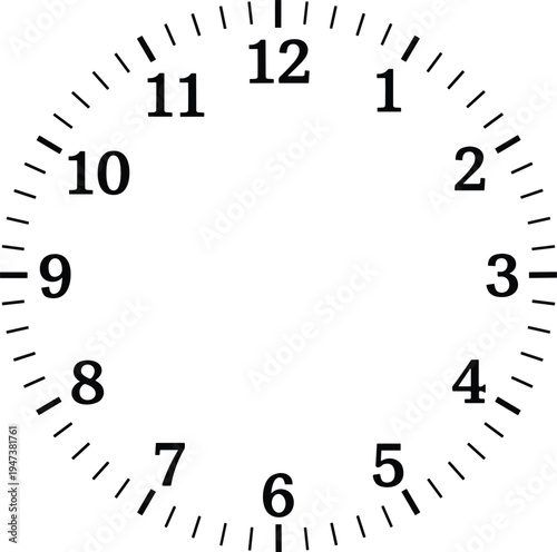 Black and white vector illustration of a minimalist analog clock face with numbers and minute markers isolated on white background for time management design