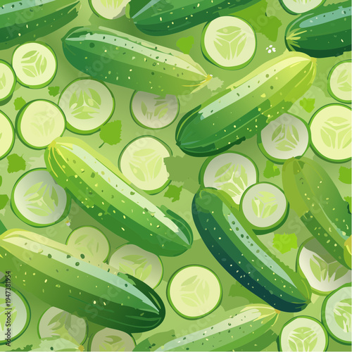 Cucumber pattern, sliced & whole cucumbers, fresh green palette, crisp clean vector