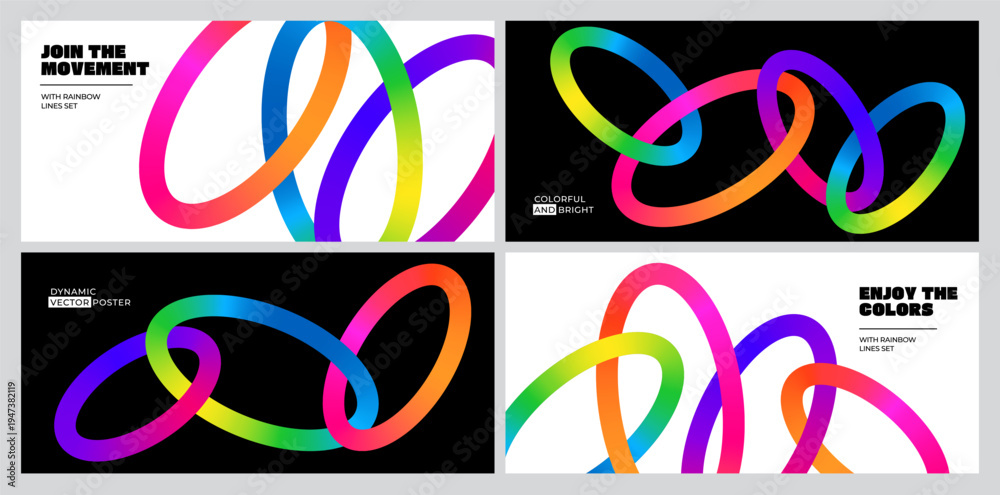 Fototapeta premium Color Circle Line Backgrounds. Abstract Chain Shape Gradient Lines Pattern. Vector Posters with 3D Wave Rainbow Ribbons.