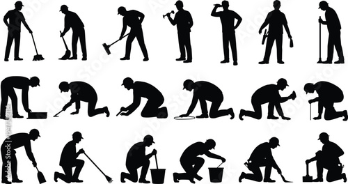 Cleaning worker silhouettes collection, janitor and maintenance staff with broom, mop and tools poses set, black vector illustration isolated on white background