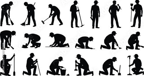 Cleaning worker silhouettes big set, janitor and maintenance staff with broom mop and tools poses, black vector illustration isolated on white background