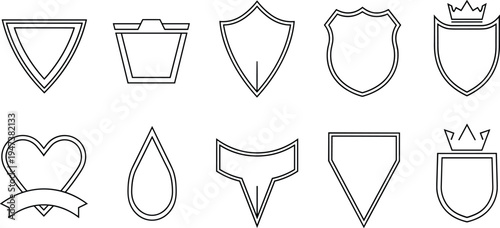 Collection of ten minimalist shield and crest outline icons isolated on white background for heraldry security protection insurance and corporate logo identity design elements