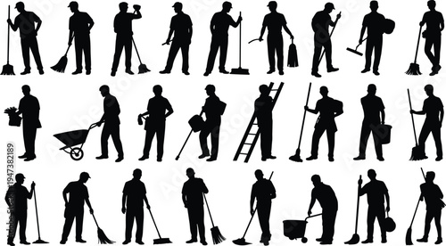 Cleaning worker silhouettes collection, janitor housekeeping staff set, men using broom mop bucket tools, sanitation maintenance service workers vector illustration