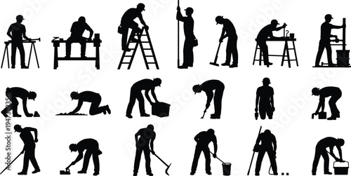 Construction and maintenance worker silhouettes collection, builders repairing drilling painting cleaning and lifting tools, industrial labor work poses vector illustration isolated
