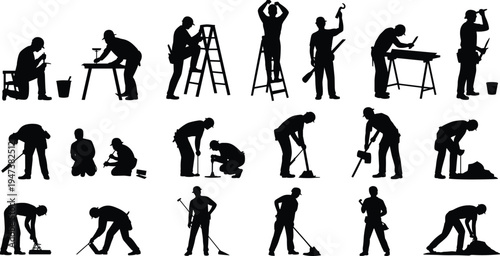 Construction and maintenance worker silhouettes set, builders repairing cleaning painting hammering and using ladder tools, industrial labor work poses vector illustration