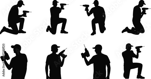 Construction worker drilling silhouettes collection, builder using electric power drill in kneeling and standing poses, handyman repair work vector illustration isolated