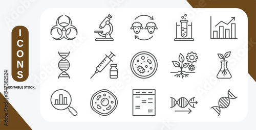 Biotechnology and DNA line icons collection. Science laboratory research symbols including genetics, cloning, cell, microscope, flask, test tube and syringe. Medical biology vector set.