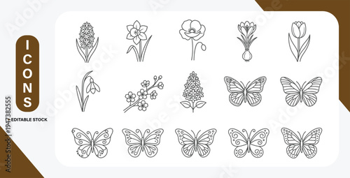 Minimal spring line icon set with flowers and butterflies. Black outline botanical doodle collection arranged in a clean grid for logo, sticker, print, web and app UI.