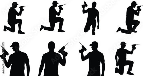 Construction worker drilling silhouettes set, handyman builder using electric power drill in kneeling and standing poses, repair service vector illustration isolated