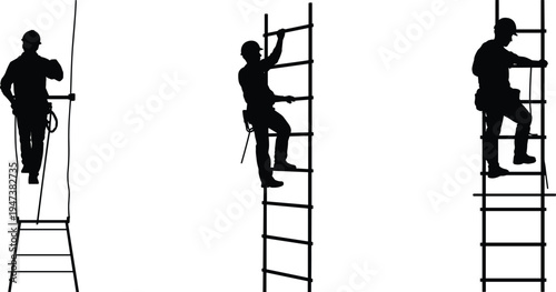 Construction worker silhouettes climbing ladder and scaffolding, industrial builder performing height work with safety gear at building site vector illustration