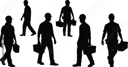Construction worker silhouettes carrying toolbox and walking at jobsite, professional builders with equipment and tools, manual labor industry workforce vector illustration
