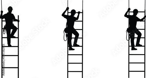 Construction worker silhouettes climbing ladder with safety harness, industrial builder performing maintenance and height work on building site vector illustration