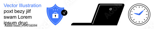 Data protection, online security, time efficiency, productivity, remote work, cybersecurity. a security shield, laptop and clock. Data protection and online security concept