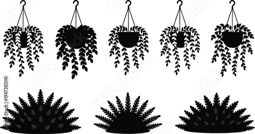 Hanging Plants and Garden Bushes Silhouette Set Collection of Potted Indoor Ferns and Outdoor Shrubbery Foliage Elements Isolated on White Background for Decorative Design