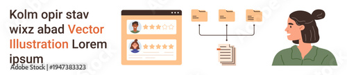 Business management, data categorization, user feedback, teamwork, digital workflow, employee evaluation. User profiles with star ratings, folders and a woman observing the layout. Business