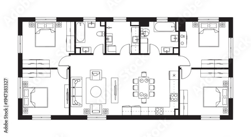 Modern  Apartment Floor Plan Blueprint With Open Living and Dining Layout and Bathrooms