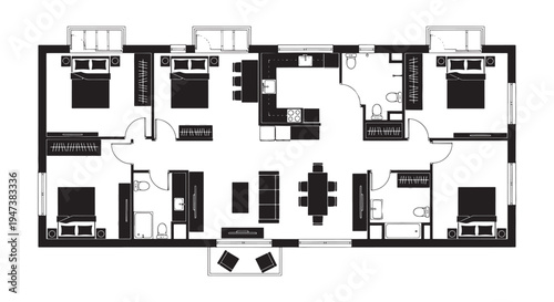 Five-Bedroom Shared House Floor Plan With Kitchen, Living Dining Area and Private and Common Bathrooms
