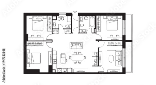 Modern  Apartment Floor Plan Blueprint With Open Living and Dining Layout and Bathrooms
