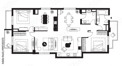 Top View Apartment Floor Plan Blueprint Showing Modern Open Living Layout and  Bedrooms