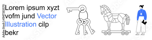 Cybersecurity, digital threats, online safety, network protection, data privacy, conceptual security ideas. Keys and Trojan horse alongside woman with document. Cybersecurity and digital threats