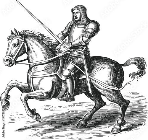 Medieval Knight in Full Armor Riding a Galloping Horse Carrying a Sword Engraving Style Vector Illustration for Historical Military Heritage and Courage Concept (25 words)