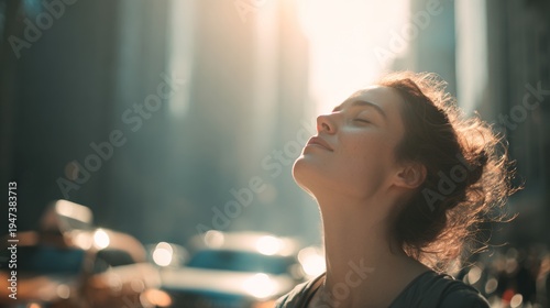Close-up of a woman's face with her eyes closed and a calm expression on the street