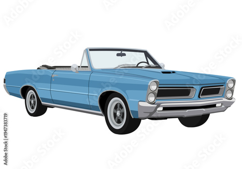 Classic Blue Convertible Muscle Car Vector Illustration, Vintage 1960s American Automobile