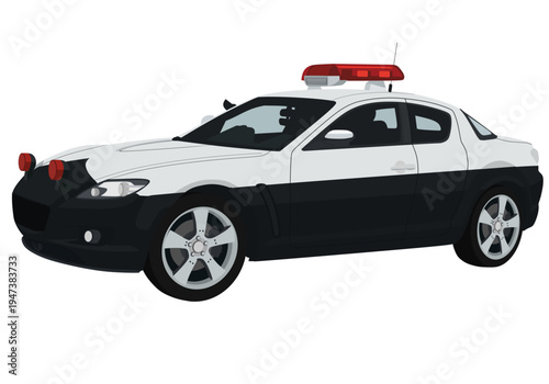 Modern Japanese Police Patrol Car Vector Illustration, Black and White Law Enforcement Sports Coupe