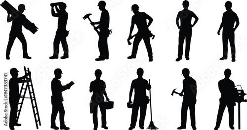 Construction worker silhouettes collection set, builders holding hammer ladder toolbox broom and equipment, industrial handyman labor team vector illustration isolated