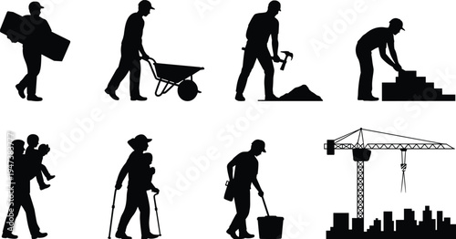 Construction worker silhouettes collection, builder labor activities set, men carrying materials using wheelbarrow hammer bricks, city crane building site vector illustration