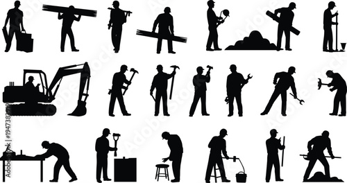 Construction worker silhouettes collection, builders and laborers with tools and equipment, industrial work activities set, black vector illustration isolated on white background