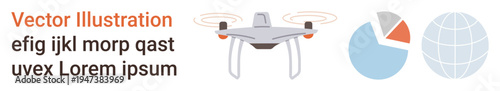 Data analysis, technology, geographic research, aerial photography, global innovation, business analytics. A quadcopter, pie chart and globe icons. Data analysis and technology concept