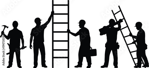 Construction worker silhouettes collection, builders carrying and using ladders with tools poses, industrial labor characters set, black vector illustration isolated on white background