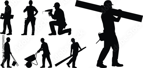 Construction worker silhouettes collection, builders carrying beams, drilling, pushing wheelbarrow and holding tools, industrial labor activities set, construction workforce vector illustration