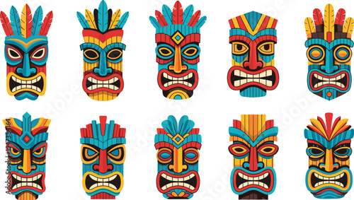 Colorful tribal tiki masks collection traditional polynesian wooden totem faces ethnic culture decorative mask vector illustration set isolated design