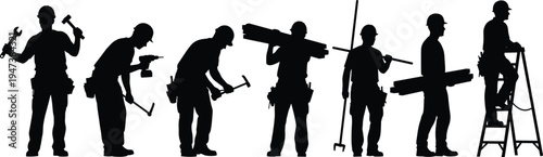 Construction worker silhouettes with builder tools hammer drill ladder equipment industrial labor vector illustration isolated black set