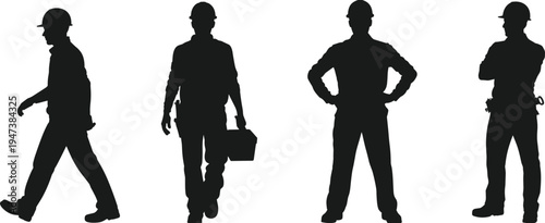 Construction worker silhouettes collection, builders with helmets and toolboxes in different standing and walking poses, industrial labor team vector illustration set